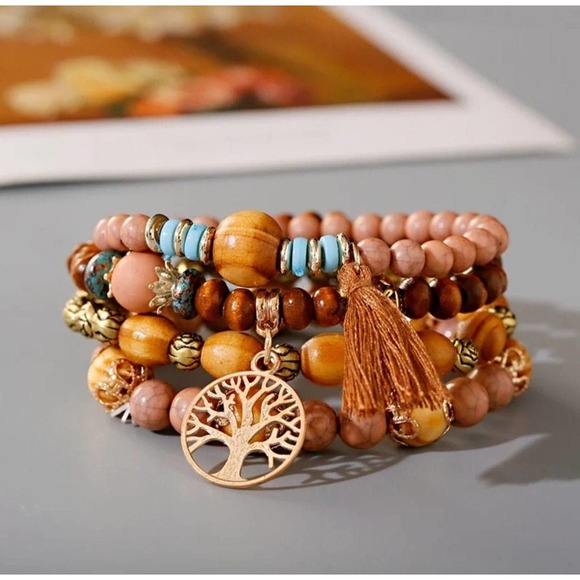 Tree Charm Wooden Beaded Bracelet and Bangle - Picture 1 of 5